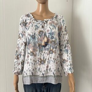 Floral Tribal 3/4 sleeve boho peasant blouse with tassels drop shoulder size M
